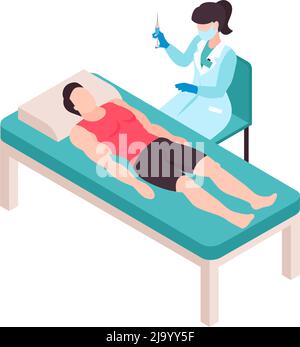 Composition de la couleur de vaccination isométrique avec une seringue de médecin femelle et un patient mâle sur l'illustration vectorielle de la table Illustration de Vecteur