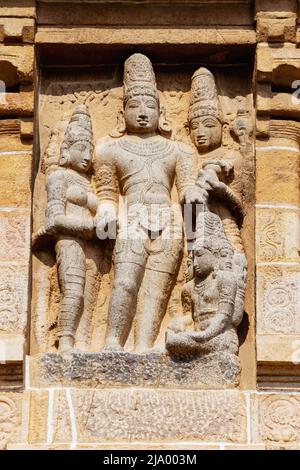 Sculpture de Lord RAM, Lakshman et Sita avec Lord Brahma, sur Gopuram du temple de Nataraja, Chidambaram, Tamilnadu, Inde Banque D'Images