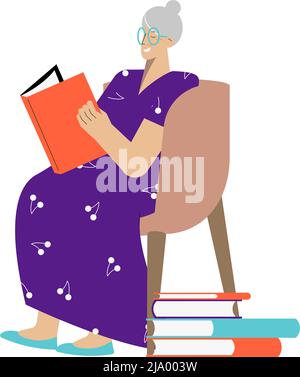 Bonne femme âgée lisant le livre dans fauteuil plat illustration vectorielle Illustration de Vecteur