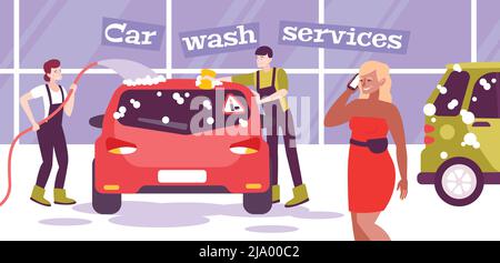 Composition de lavage de voiture avec texte et décor intérieur avec lave-auto pilotes caractères plats et illustration de vecteur de voiture Illustration de Vecteur