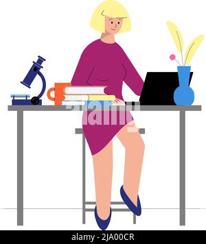 Tutorat icône plate avec personnage féminin ayant une leçon de science en ligne avec des livres et l'illustration vectorielle au microscope Illustration de Vecteur