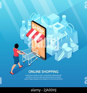 Composition carrée d'arrière-plan isométrique d'achats en ligne avec texte et images de marchandises avec smartphone comme illustration vectorielle de porte Illustration de Vecteur