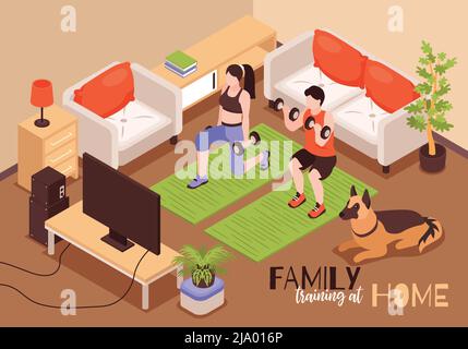 Isométrique maison forme physique composition familiale de texte avec décor de salon et couple pratiquant avec des barbells illustration vectorielle Illustration de Vecteur