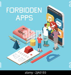 Contenu en ligne sites interdits contrôle parental composition isométrique avec l'écran de smartphone adolescent applications symbole d'interdiction illustration vectorielle Illustration de Vecteur
