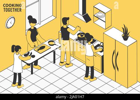 Famille avec enfants cuisant le déjeuner ensemble dans la cuisine 3d illustration vectorielle isométrique Illustration de Vecteur