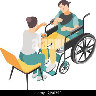 Personnes handicapées icône isométrique avec femme aidant l'homme avec la paralysie cérébrale infantile dans l'illustration de vecteur de fauteuil roulant Illustration de Vecteur