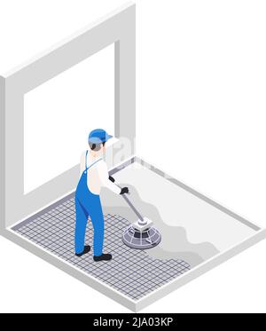 Travaux de réparation de rénovation composition isométrique avec le caractère de réparateur verser le béton sur l'illustration de vecteur de plancher Illustration de Vecteur