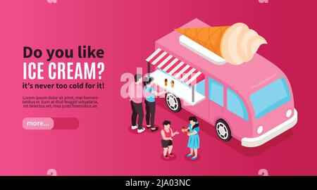 Isométrique glace bannière horizontale avec texte modifiable plus de bouton et les personnes achetant icecream en van vector illustration Illustration de Vecteur
