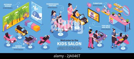 Infographies isométriques avec intérieur de salon de beauté pour les enfants avec enfants jouets mobilier affiches vecteur 3d illustration Illustration de Vecteur