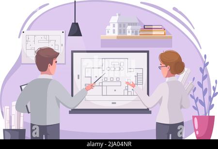 Travail d'architecte composition de dessin animé avec des collègues masculins de discussion de projets dessin technique sur l'illustration vectorielle d'écran d'ordinateur portable Illustration de Vecteur