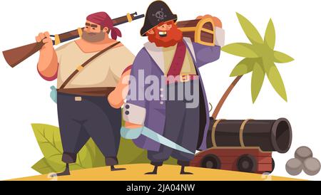 Deux pirates de dessin animé avec canon d'épée et illustration de vecteur de poitrine en bois Illustration de Vecteur
