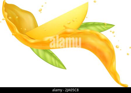 La tranche de mangue fraîche et les feuilles vertes dans le jus éclaboussent une illustration vectorielle réaliste Illustration de Vecteur
