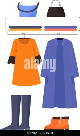 Design plat magasin de vêtements affiche icône avec manteau robe chaussures sacs pour femmes illustration vectorielle Illustration de Vecteur