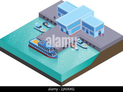 Composition isométrique de transport de l'eau avec des bâtiments modernes de la station de rivière avec des bateaux au repos et l'illustration de vecteur de personnes Illustration de Vecteur