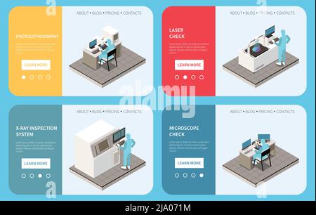 Kit de production de puces à semi-conducteurs de bannières horizontales avec images isométriques des boutons des installations d'usine et illustration vectorielle de texte Illustration de Vecteur
