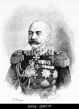 Portrait du général russe Konstantin Petrovich von Kaufman (1818-1882) Russie. D'Orenbourg à Samarkand 1876-1878 par Madame Marie Ujfalvy-Bourdon, le Tour du monde 1879 Banque D'Images