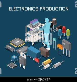 Production de puces à semi-conducteurs composition isométrique avec icônes des éléments de circuit texte modifiable et caractère de l'illustration vectorielle de l'ouvrier Illustration de Vecteur