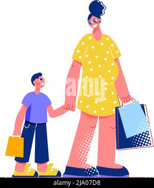 Composition de plat de shopping familial avec des personnages de fils et de mère avec des sacs de shopping illustration vectorielle Illustration de Vecteur