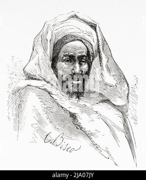 Portrait d'un homme de la tribu Beni Hassan, groupe nomade d'origine arabe, une des quatre sous-tribus des Maqil arabes qui ont émigré au Maghreb au 10th siècle, au Maroc. Nord de l'Afrique. Maroc par Edmondo de Amicis 1875. Le Tour du monde 1879 Banque D'Images