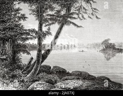 Rivière Maroni près du pénitencier de Saint-Laurent, Saint Laurent du Maroni, Guyane française, département de France, Amérique du Sud. Voyage d'exploration à l'intérieur des Guianas 1877 par Jules Crevaux. Le Tour du monde 1879 Banque D'Images
