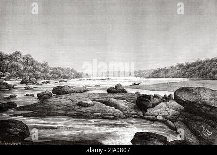Rapides de la rivière Maroni, Guyane française, département de France, Amérique du Sud. Voyage d'exploration à l'intérieur des Guianas 1877 par Jules Crevaux. Le Tour du monde 1879 Banque D'Images