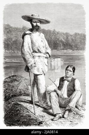 Jules Nicolas Crevaux (1847-1882) médecin militaire français et explorateur amazonien avec son assistant et guide Sababodi, Guyane française, département de France, Amérique du Sud. Voyage d'exploration à l'intérieur des Guianas 1877 par Jules Crevaux. Le Tour du monde 1879 Banque D'Images
