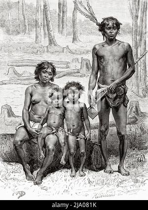 Famille de la tribu des Indiens Wayana, Guyane française, département de France, Amérique du Sud. Voyage d'exploration à l'intérieur des Guianas 1877 par Jules Crevaux. Le Tour du monde 1879 Banque D'Images