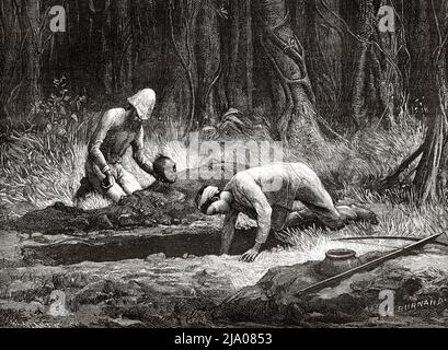 Le Dr Harman et son adjoint annamite, qui mènent des exhumations clandestines de la ville d'Akha, province d'Attapeu. Laos. Asie du Sud-est. Le Laos et les populations sauvages de l'Indo-Chine par le docteur Harman 1877 Banque D'Images