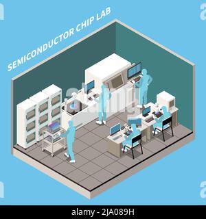 Production de puces à semi-conducteurs composition isométrique avec texte et vue intérieure du laboratoire avec illustration vectorielle des travailleurs et des machines Illustration de Vecteur