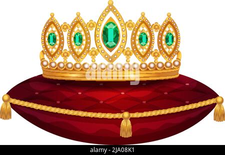 Composition de couronne dorée royale avec image isolée de couronne sur l'illustration vectorielle d'oreiller en velours rouge Illustration de Vecteur