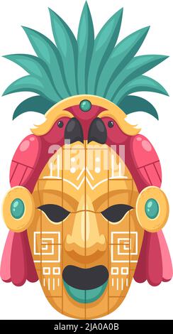 Composition de dessin animé de civilisation maya avec image isolée de masque en forme d'ananas avec illustration vectorielle de perroquets Illustration de Vecteur