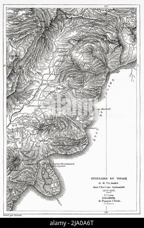 De Popayan à Pasto. Département de Cauca. Colombie, Amérique du Sud. Itinéraire de voyage carte à travers équinotial America 1875-1876 par Edward François Andre. Le Tour du monde 1879 Banque D'Images