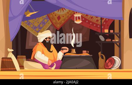 Fond de bande dessinée asiatique souk avec l'homme arabe faisant le café oriental traditionnel sous tente commerciale avec des tapis illustration vectorielle Illustration de Vecteur