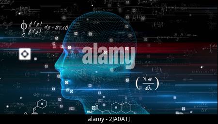 Image de la tête numérique et des équations mathématiques sur fond noir Banque D'Images