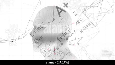 Image de la tête numérique et des équations mathématiques sur fond blanc Banque D'Images