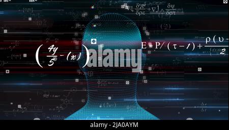 Image de la tête numérique et des équations mathématiques sur fond noir Banque D'Images
