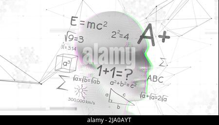 Image de la tête numérique et des équations mathématiques sur fond blanc Banque D'Images