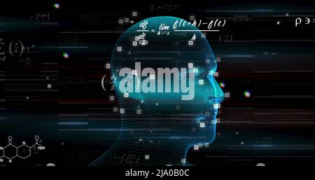Image de la tête numérique et des équations mathématiques sur fond noir Banque D'Images