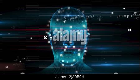 Image de la tête numérique et des équations mathématiques sur fond noir Banque D'Images