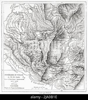 De Túquerres à Barbacoas, département de Nariño. Colombie, Amérique du Sud. Itinéraire de voyage carte à travers équinotial America 1875-1876 par Edward François Andre. Le Tour du monde 1879 Banque D'Images