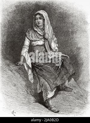 Femme arabe vêtue de robes traditionnelles et typiques des montagnes de Nusayriyah. Syrie, Moyen-Orient. Le Nusayris de Léon Cahun 1878. Le Tour du monde 1879 Banque D'Images