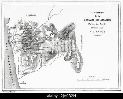 Ancienne carte des montagnes de Nusayriyah. Syrie, Moyen-Orient. Le Nusayris de Léon Cahun 1878. Le Tour du monde 1879 Banque D'Images