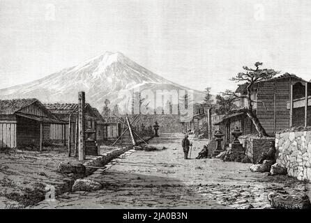 Route de Subashiri pour monter le Mont Fuji, Japon, Asie. L'ascension de Fujiyama en 1874 par Alfred Houette. Le Tour du monde 1879 Banque D'Images