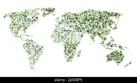 Carte abstraite du monde en demi-ton composée de points verts sur blanc. Écologie, énergie durable, conservation de l'environnement, monde vert et concept d'énergie verte. Banque D'Images