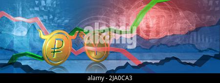 la rur haussière arrêtée par la baisse jpy ou cny. marché des changes 3d illustration du rouble russe au yen japonais ou au yuan chinois Banque D'Images
