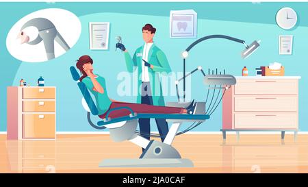 Composition plate de dents d'enlèvement avec dentiste au bureau et patient sur chaise dentaire avec illustration de vecteur de bulle de pensée Illustration de Vecteur