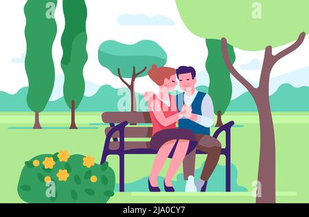 Couple amoureux. Homme et femme assis sur un banc dans le parc. Passe-temps romantique en plein air. Couple aimant marchant sur la nature. Accueillir des personnes. Personnages de personnes Illustration de Vecteur