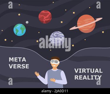 Homme avec des lunettes voit l'espace. Concept de surréalisme, expérience immersive, métaverse ou réalité virtuelle. Illustration de Vecteur
