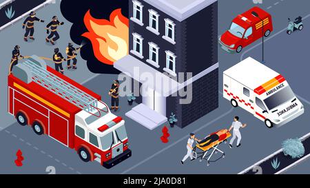 Illustration vectorielle isométrique de lutte contre les incendies avec des brigades de pompiers et des services d'ambulance engagés dans l'extinction de bâtiments en feu et de sauver Illustration de Vecteur