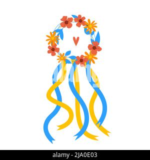 Couronne ukrainienne traditionnelle de fleurs et rubans rouges et orange aux couleurs nationales Illustration de Vecteur